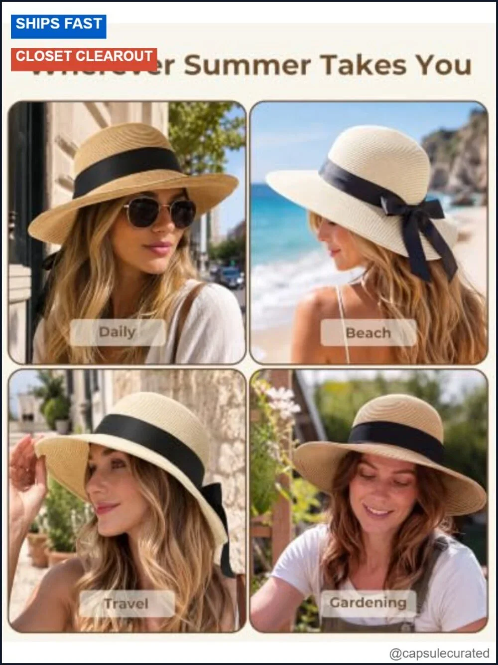 Wide Brim Straw Sun Hat for Women UPF 50+ Packable Beach Travel